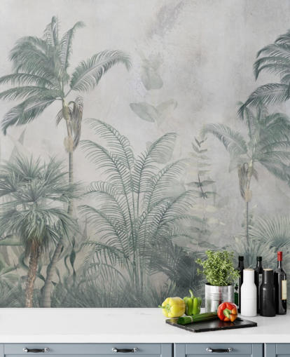 Blue and teal jungle palm trees with a light blue haze wallpaper