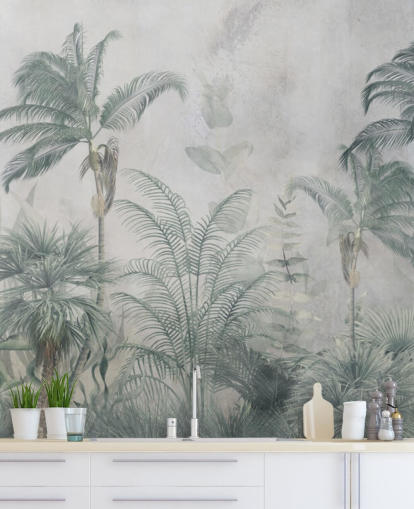 Palme della giungla blu e verde acqua con una carta da parati blu chiaro