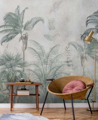 Blue and teal jungle palm trees with a light blue haze wallpaper