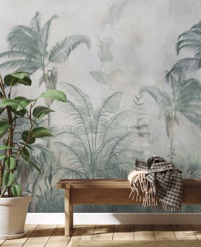 Palmeras selváticas azules y verdes con un papel pintado de neblina azul claro