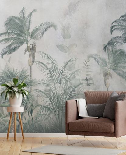 Blauwe en groenblauwe junglepalmbomen met een lichtblauw haze-behang