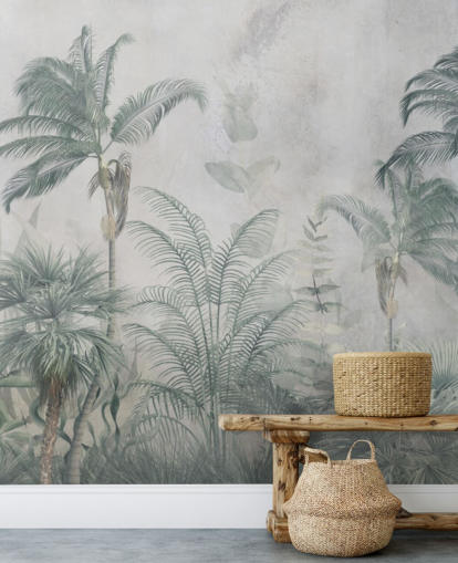 Blue and teal jungle palm trees with a light blue haze wallpaper