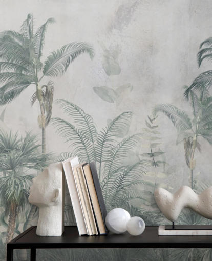 Blauwe en groenblauwe junglepalmbomen met een lichtblauw haze-behang