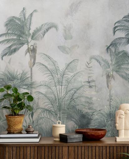 Blue and teal jungle palm trees with a light blue haze wallpaper