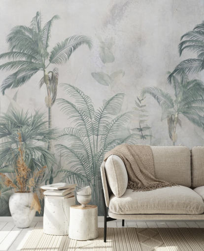 Blauwe en groenblauwe junglepalmbomen met een lichtblauw haze-behang