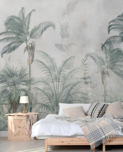 Blauwe en groenblauwe junglepalmbomen met een lichtblauw haze-behang