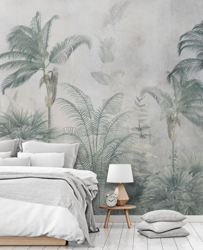 Blue and teal jungle palm trees with a light blue haze wallpaper