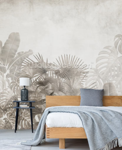 carta da parati beige neutra con alberi tropicali e un cielo bianco nebbioso