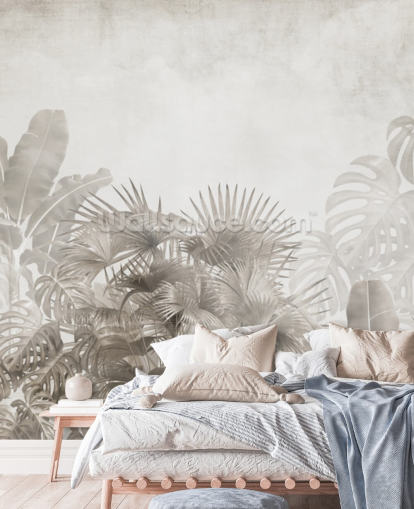 carta da parati beige neutra con alberi tropicali e un cielo bianco nebbioso