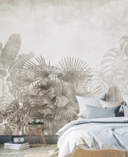 papier peint de jungle beige neutre avec des arbres tropicaux et un ciel blanc brumeux