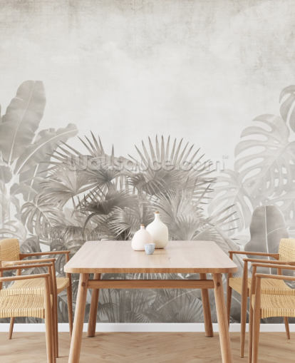 neutral beige jungle tapet med tropiske træer og en tåget hvid himmel neutral beige jungle tapet med tropiske træer og en tåget hvid himmel