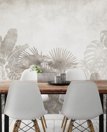 neutral beige jungle wallpaper with tropical trees and a hazy white sky