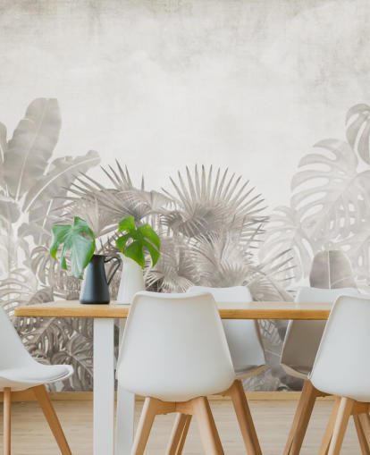 neutraal beige junglebehang met tropische bomen en een wazige witte lucht neutraal beige junglebehang met tropische bomen en een wazige witte lucht