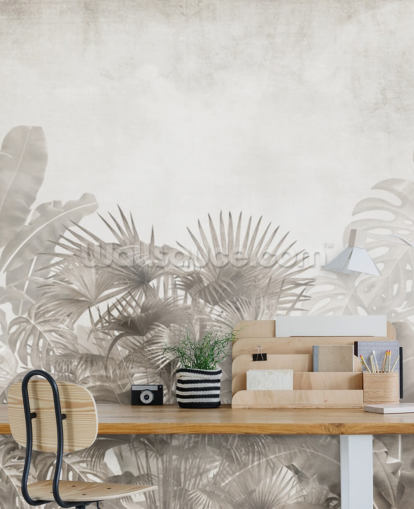 neutral beige djungel tapet med tropiska träd och en dimmig vit himmel neutral beige djungel tapet med tropiska träd och en dimmig vit himmel