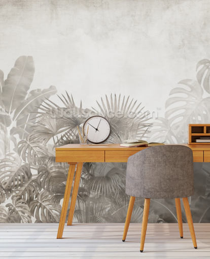 papier peint de jungle beige neutre avec des arbres tropicaux et un ciel blanc brumeux papier peint de jungle beige neutre avec des arbres tropicaux et un ciel blanc brumeux