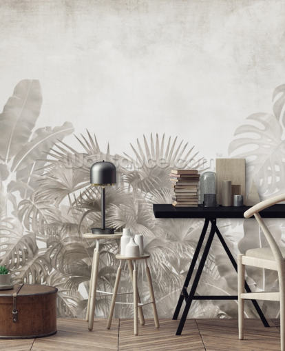 papel de parede de selva bege neutro com árvores tropicais e um céu branco nebuloso