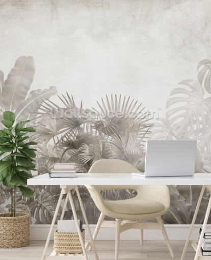 carta da parati beige neutra con alberi tropicali e un cielo bianco nebbioso