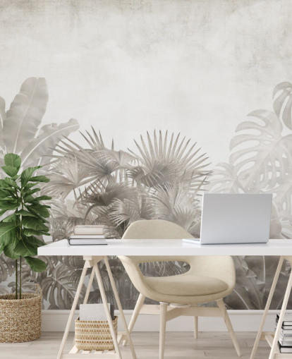 neutraal beige junglebehang met tropische bomen en een wazige witte lucht