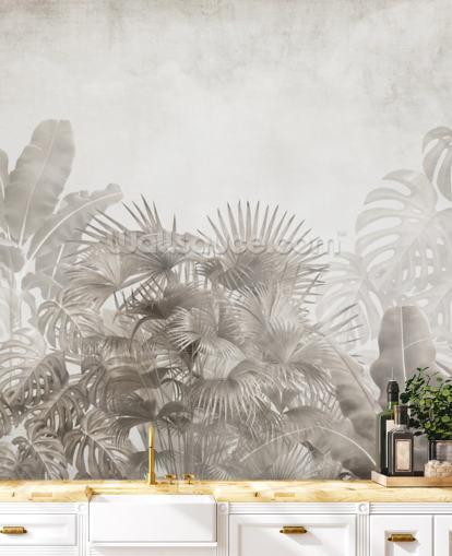 neutral beige jungle wallpaper with tropical trees and a hazy white sky neutral beige jungle wallpaper with tropical trees and a hazy white sky