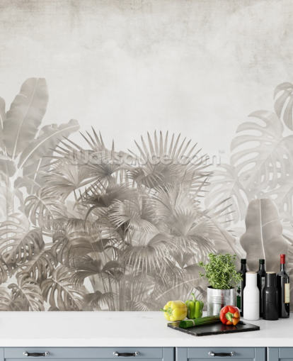 neutral beige jungle wallpaper with tropical trees and a hazy white sky