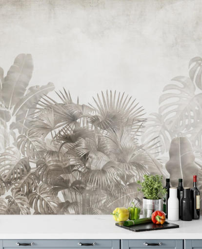 papier peint de jungle beige neutre avec des arbres tropicaux et un ciel blanc brumeux