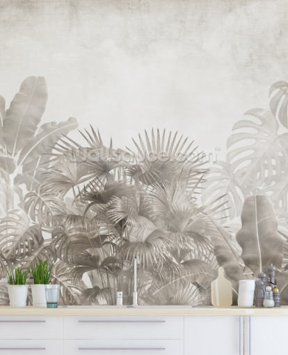 neutral beige jungle wallpaper with tropical trees and a hazy white sky