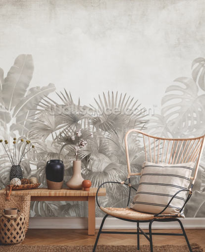 neutral beige jungle wallpaper with tropical trees and a hazy white sky