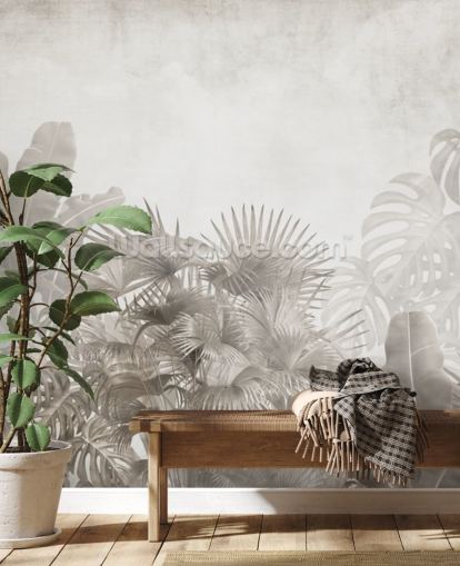 papel de parede de selva bege neutro com árvores tropicais e um céu branco nebuloso