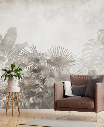 neutral beige jungle wallpaper with tropical trees and a hazy white sky neutral beige jungle wallpaper with tropical trees and a hazy white sky