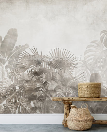 papel pintado de selva de color beige neutro con árboles tropicales y un cielo blanco brumoso papel pintado de selva de color beige neutro con árboles tropicales y un cielo blanco brumoso