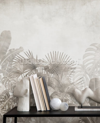 papier peint de jungle beige neutre avec des arbres tropicaux et un ciel blanc brumeux