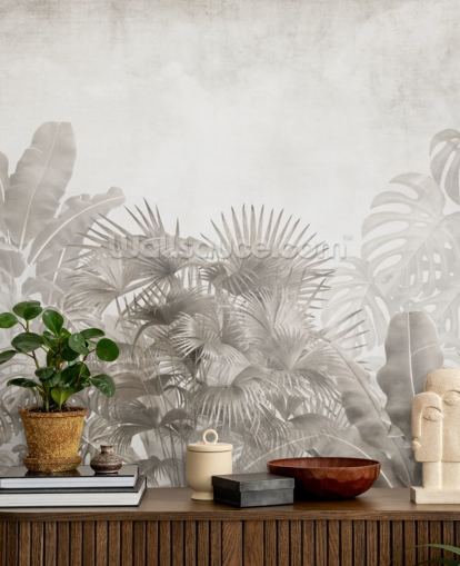 neutraal beige junglebehang met tropische bomen en een wazige witte lucht neutraal beige junglebehang met tropische bomen en een wazige witte lucht