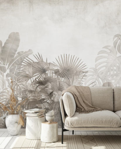 neutral beige djungel tapet med tropiska träd och en dimmig vit himmel