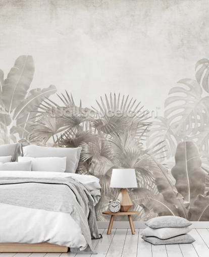 papel de parede de selva bege neutro com árvores tropicais e um céu branco nebuloso papel de parede de selva bege neutro com árvores tropicais e um céu branco nebuloso