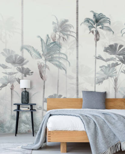 White foggy background with tall muted blue and green jungle tree tops wallpaper White foggy background with tall muted blue and green jungle tree tops wallpaper