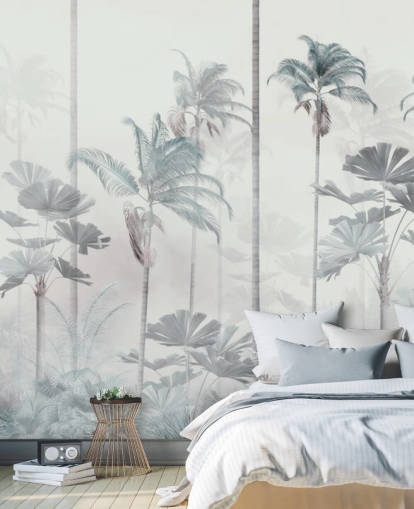 Fundo branco nebuloso com alto papel de parede azul e verde escuro com copas de árvores da selva