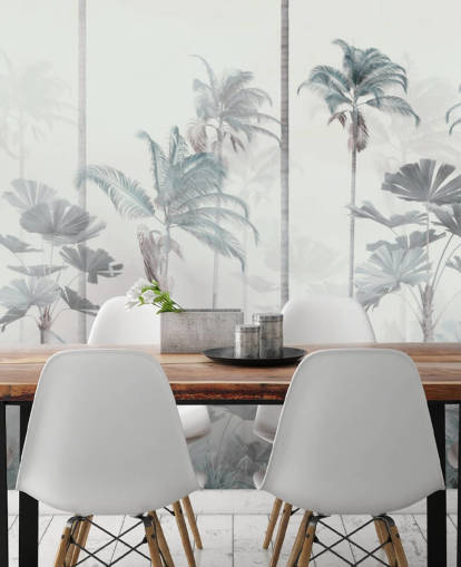 Fundo branco nebuloso com alto papel de parede azul e verde escuro com copas de árvores da selva Fundo branco nebuloso com alto papel de parede azul e verde escuro com copas de árvores da selva