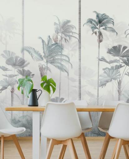 White foggy background with tall muted blue and green jungle tree tops wallpaper