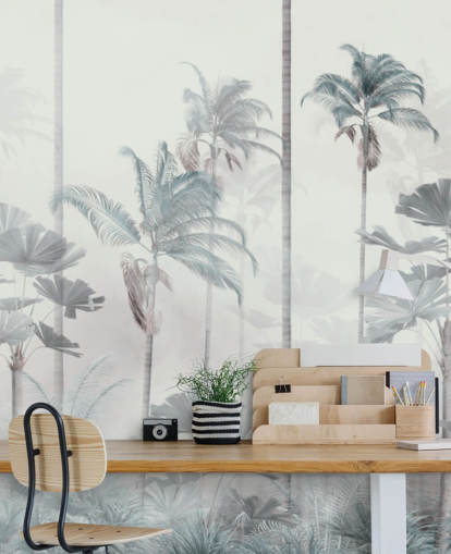 Witte mistige achtergrond met hoog gedempt blauw en groen behang met jungleboomtoppen Witte mistige achtergrond met hoog gedempt blauw en groen behang met jungleboomtoppen