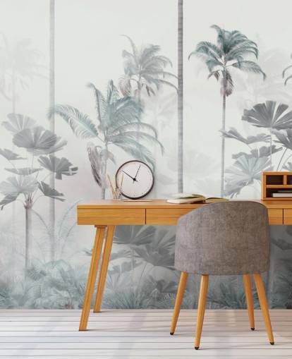 Witte mistige achtergrond met hoog gedempt blauw en groen behang met jungleboomtoppen