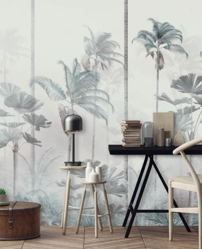 White foggy background with tall muted blue and green jungle tree tops wallpaper