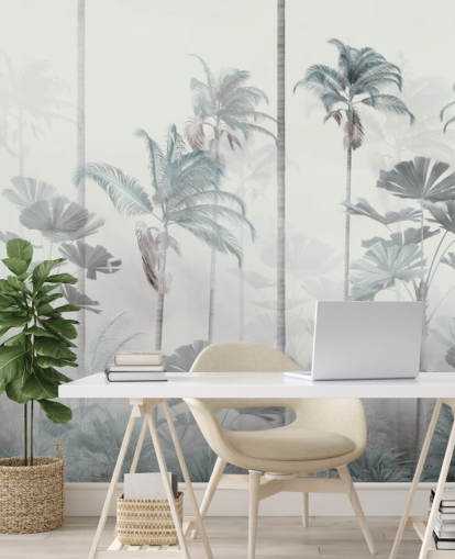 White foggy background with tall muted blue and green jungle tree tops wallpaper