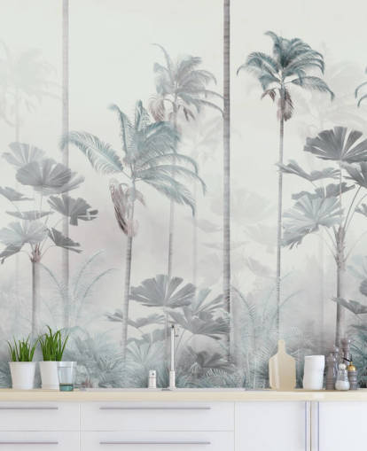 White foggy background with tall muted blue and green jungle tree tops wallpaper