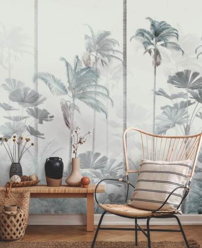 White foggy background with tall muted blue and green jungle tree tops wallpaper