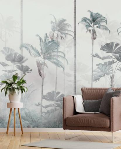 White foggy background with tall muted blue and green jungle tree tops wallpaper