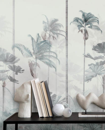 White foggy background with tall muted blue and green jungle tree tops wallpaper White foggy background with tall muted blue and green jungle tree tops wallpaper