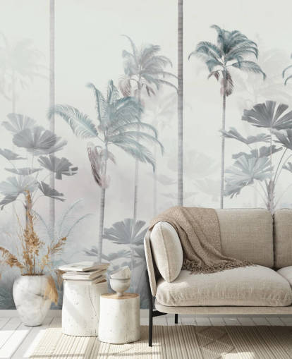 White foggy background with tall muted blue and green jungle tree tops wallpaper White foggy background with tall muted blue and green jungle tree tops wallpaper