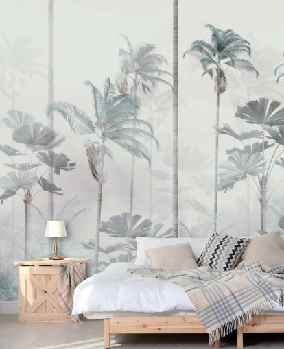 Fundo branco nebuloso com alto papel de parede azul e verde escuro com copas de árvores da selva Fundo branco nebuloso com alto papel de parede azul e verde escuro com copas de árvores da selva