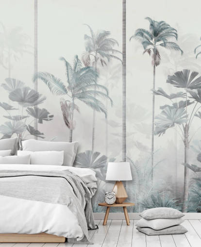 White foggy background with tall muted blue and green jungle tree tops wallpaper