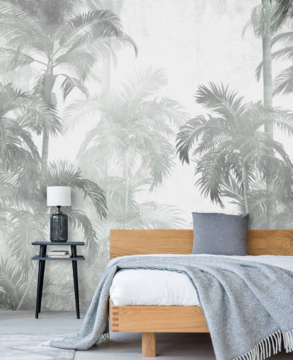 Muted green tropical palm trees with a hazy background wallpaper